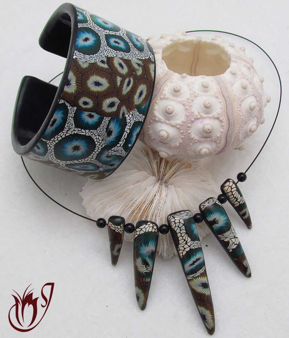 Coffee and teal green coral cane polymer clay jewelry