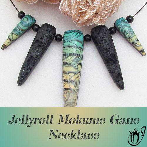 Jellyroll Mokume Gane and Faux Lava Polymer clay necklace