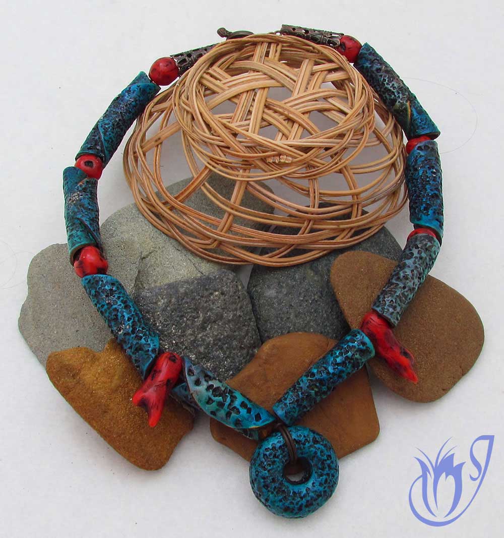 Faux coral and pitted turquoise polymer clay necklace