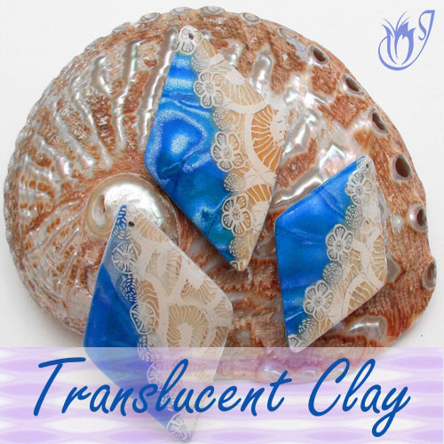 Translucent cane and blue Mokume Gane polymer clay beads