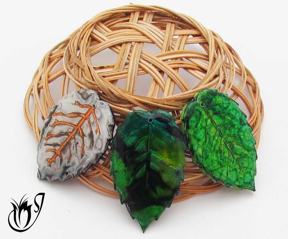 Polymer clay leaf beads made using foils and alcohol inks