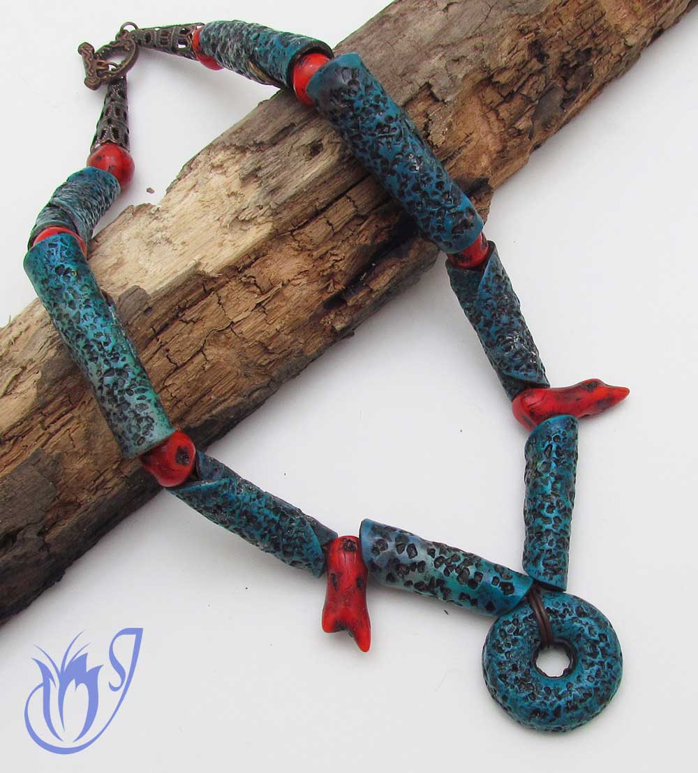 Faux coral and salt-eaten polymer clay necklace